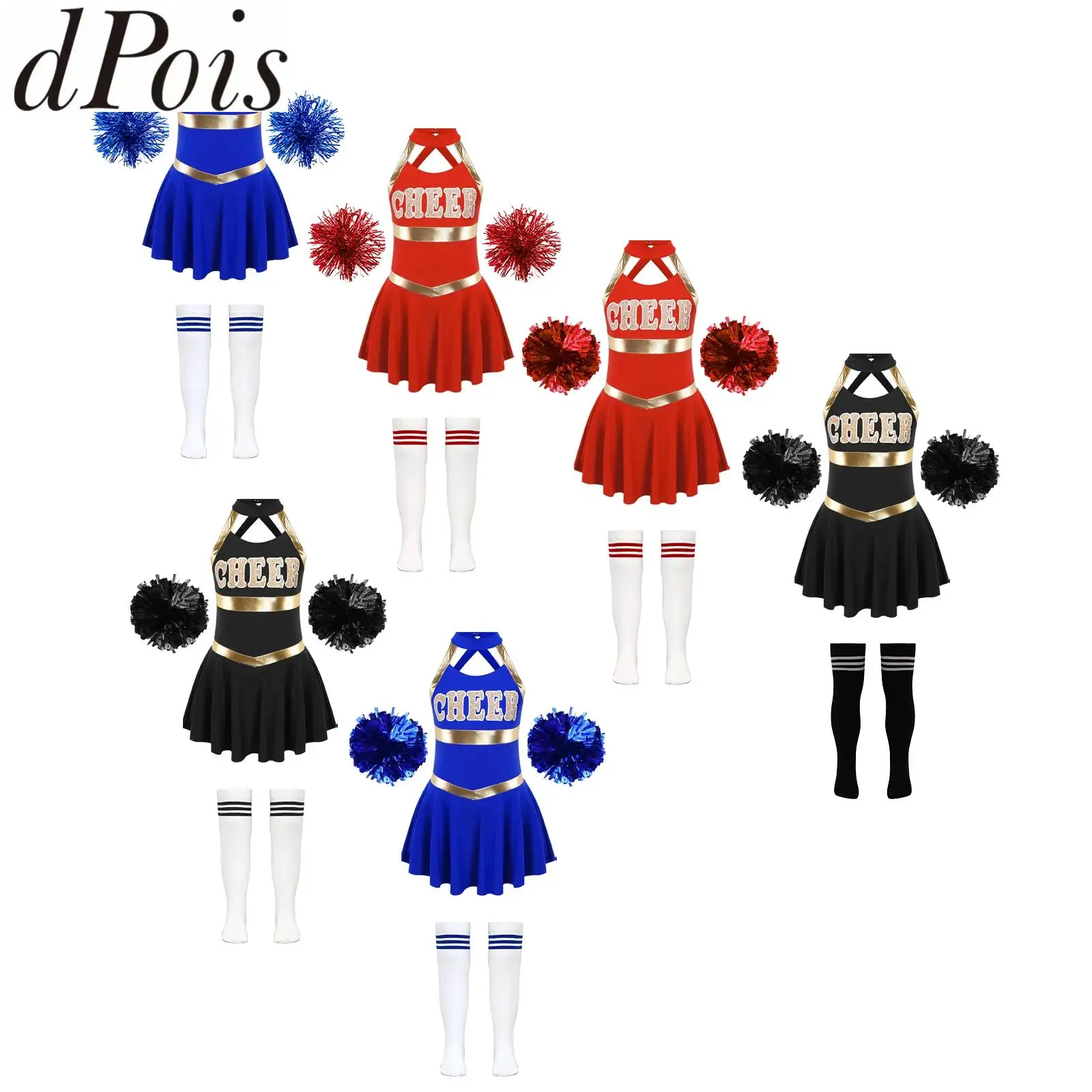 Kids Girls Cheerleading Outfit Dance Performance Costume Sleeveless Letter Print Dance Dress with Flower Balls Striped Socks Set