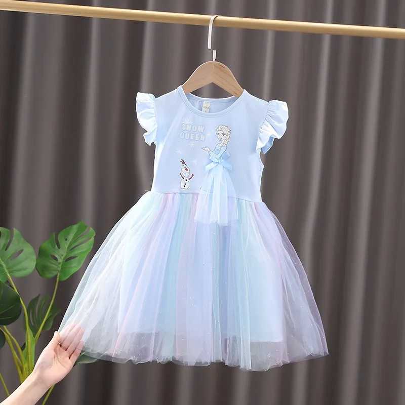 Robe princesse Elsa à manches courtes pour fille de 3 à 9 ans, tenue de soirée mignonne, dessin animé Frozen, à la mode, été 2024