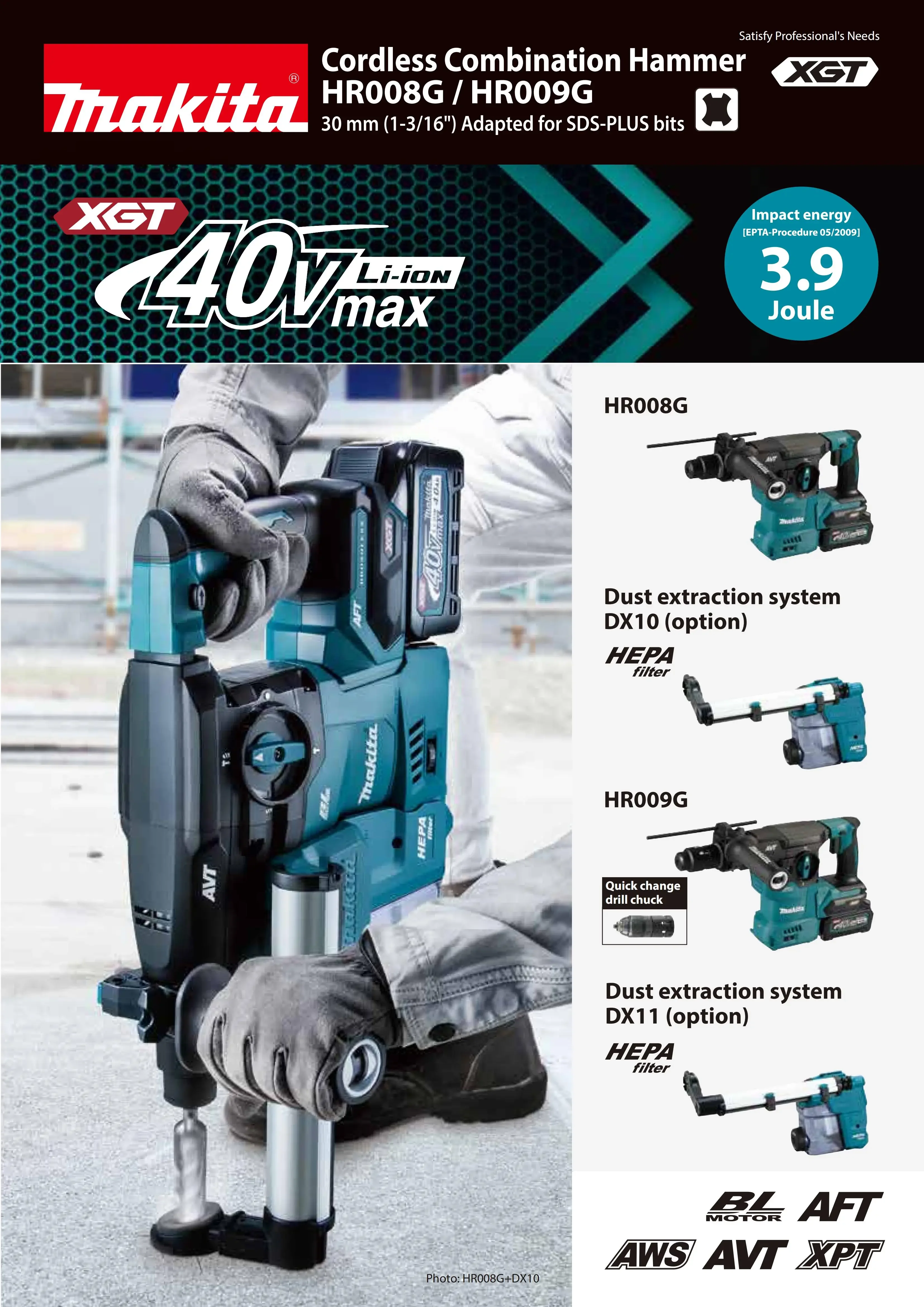 Makita HR008GZ XGT Brushless Cordless AWS* 30MM Rotary Hammer SDS-Plus 40V Lithium Power Tools 3.9J 45000IPM Hammer Impact Drill