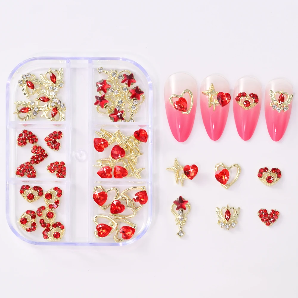 30 Piezas de Adornos de Uñas con Diamantes de Imitación en Forma de Corazón con Incrustaciones de Diamantes Rojos, Decoración de Uñas con Pedrería Dorada Brillante en 3D, Regalo de San Valentín para Niñas