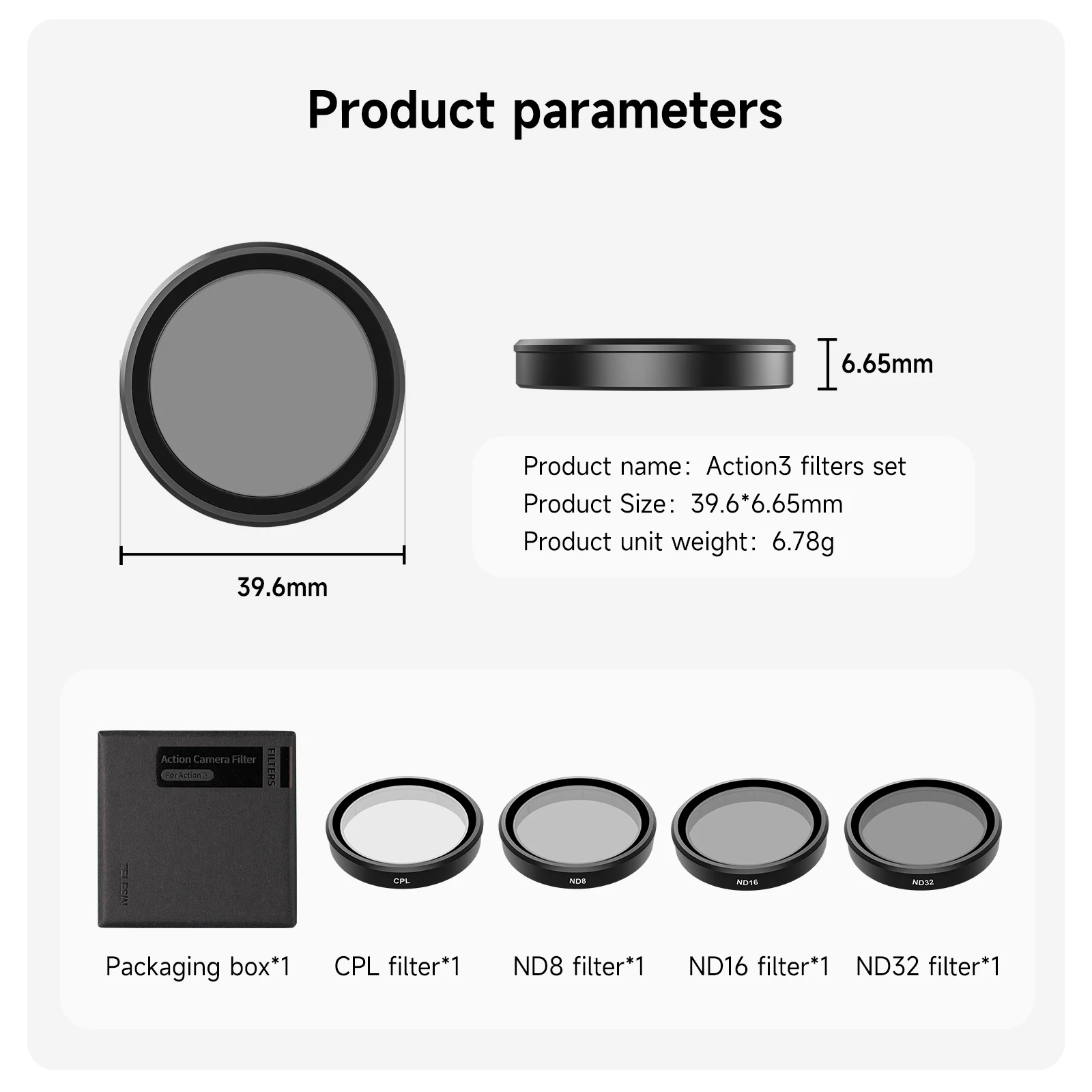 TELESIN CPL ND8 ND16 ND32 UV VND Lens Set Aluminium Alloy Frame voor DJI OSMO Action 3 4 5pro CPL ND Quick Release Filter Set