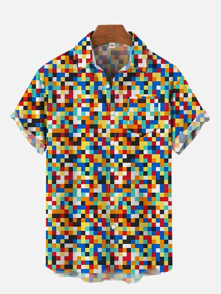 

Men's Summer New 3D Printed Colorful Mosaic Pattern Hawaiian Shirt Casual Printed Floral Short Sleeve Hawaiian Tropical Tops