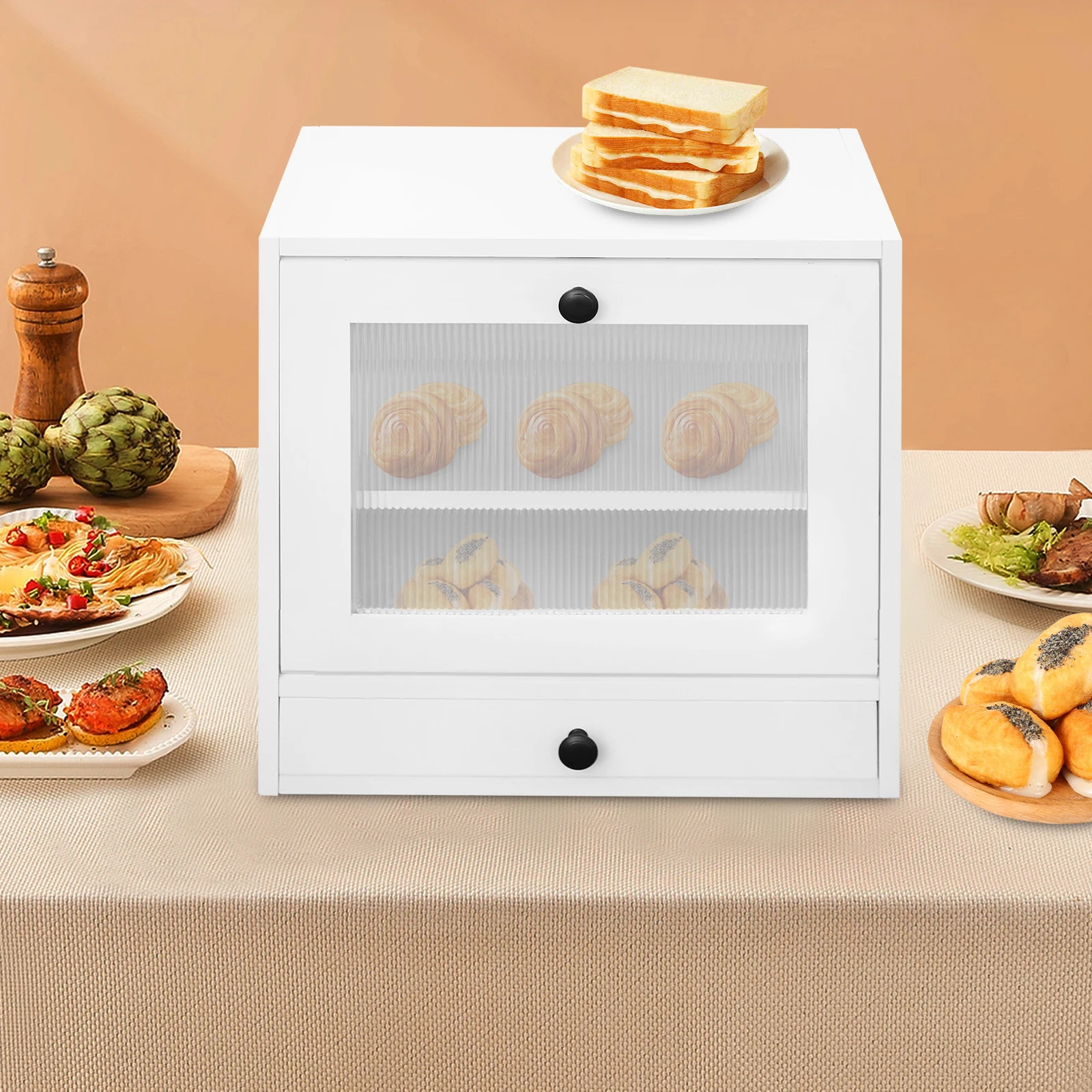 

2 Layer White Wooden Bread Storage Breadbox Tabletop Bread Box for Kitchen Countertop Bread Organizer 36.8*24cm