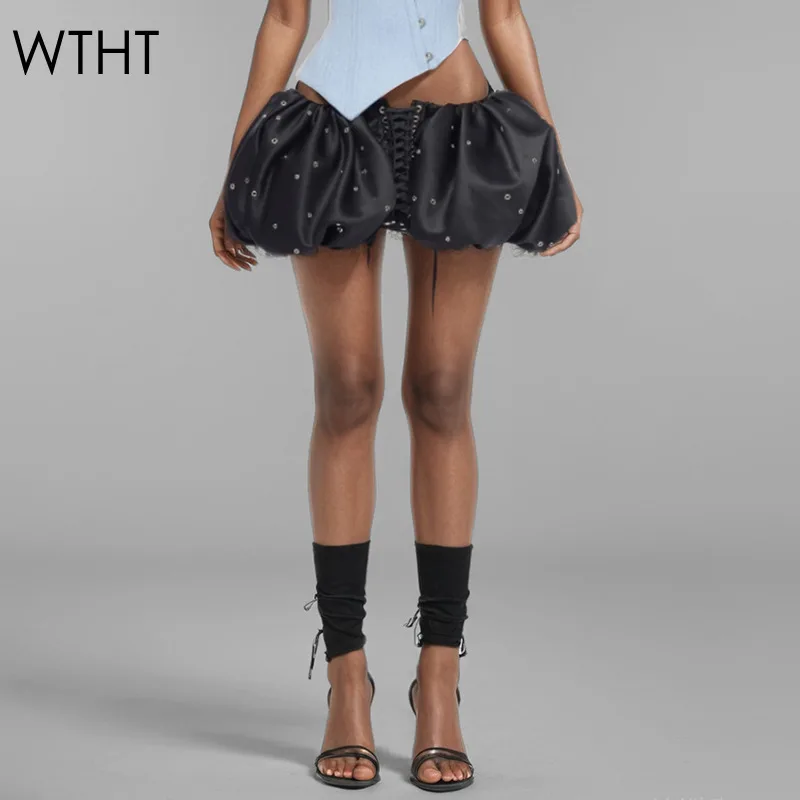 WTHT New Fashion Women's Bandage Design Puffy Skirts 2024 Winter High Waist Trendy Mini Skirt Female 1LS573