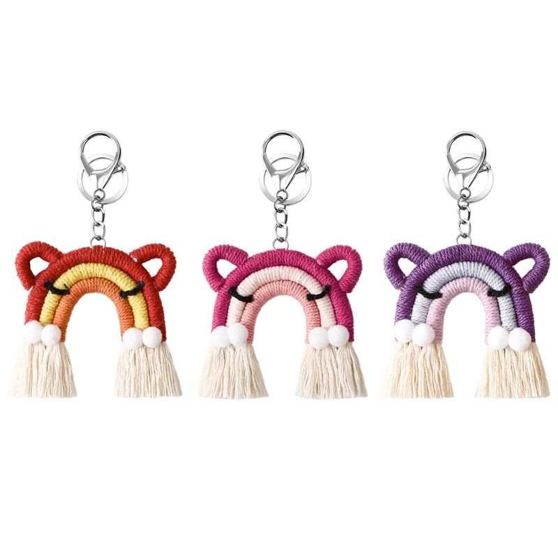 3 Pieces Cute Cat Rainbow Keychains Macrame Weaving Rainbow Tassel Keychains For Women