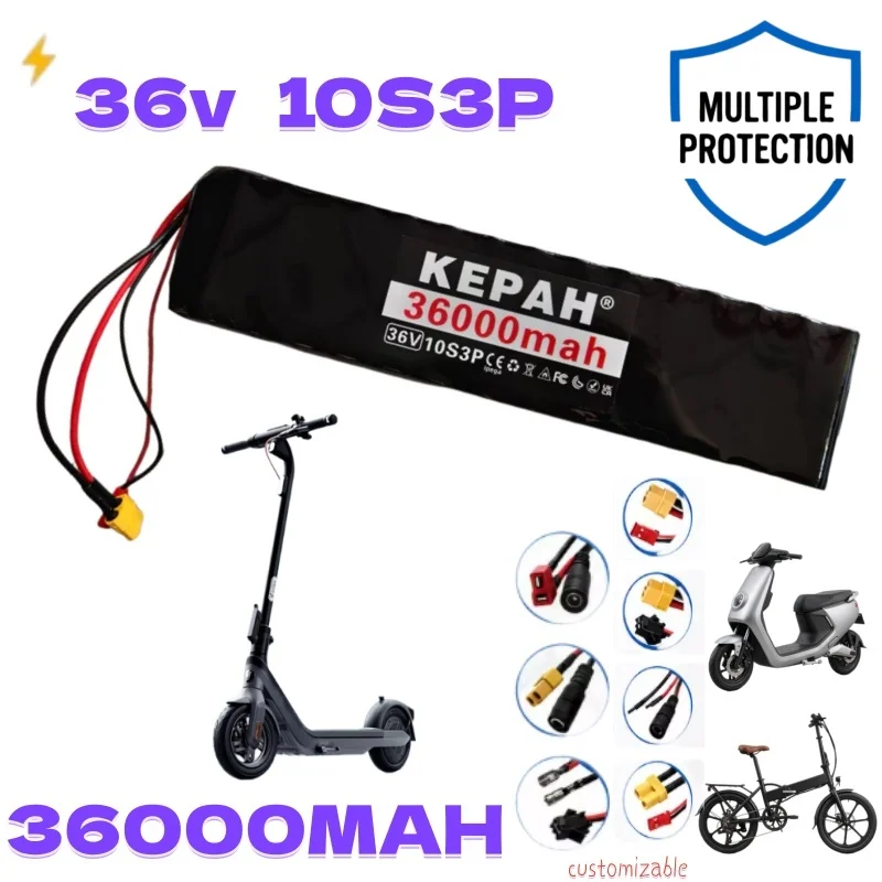 36V 36Ah 10S3P 18650 Lithium Ion Battery Pack 500W Rechargeable Battery for Electric Scooter with BMS XT60 JST