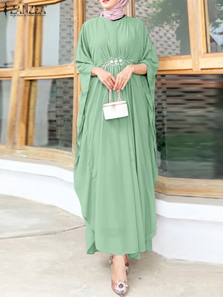 

ZANZEA Muslim Fashion Women Draped Dress Elegant Bat Sleeve O Neck Lace Detail Cinch Waist Maxi Dresses Islamic Party Abaya Robe