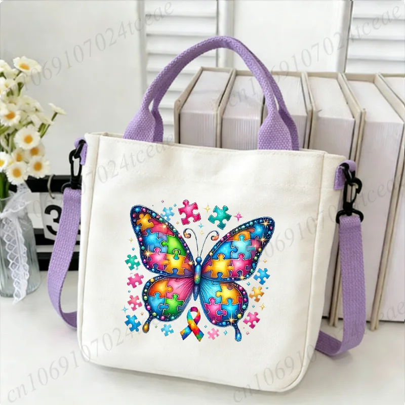 Autism Awareness Print Canvas Tote Bag Women Vintage Crossbody Handbag Reusable Daily Shopping School Shoulder Bag Gifts