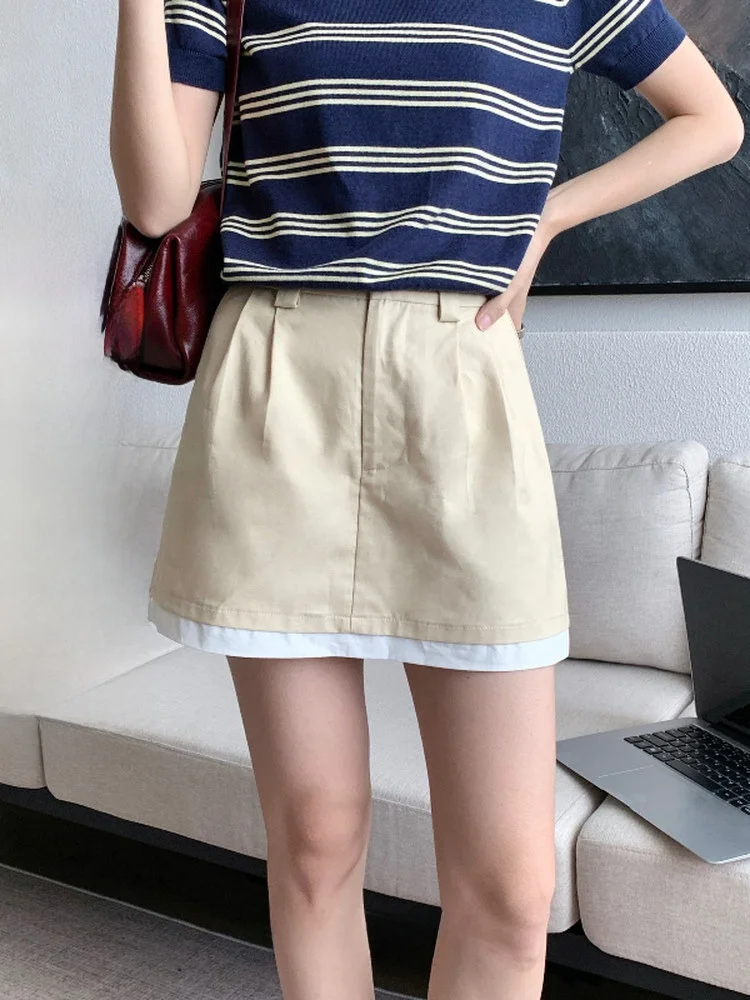 

Faionable Pure Color Splicing Pleated Skirt High Waist A-Line Casual Sle Ladies Skirt Cotton Blend Waed