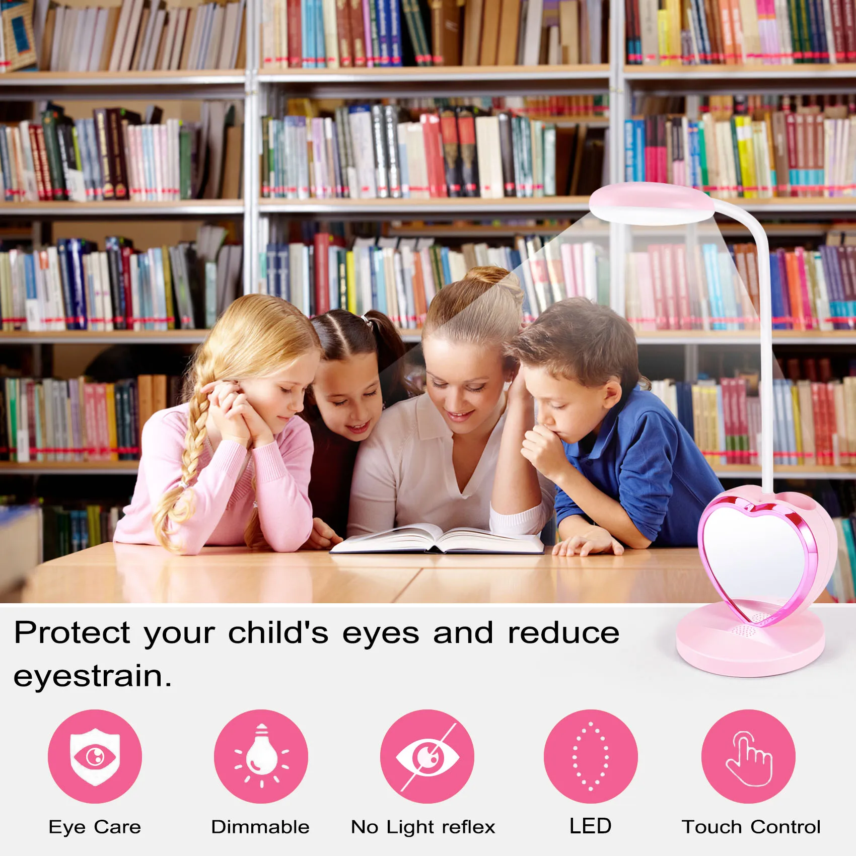 ABMO LED Desk Lamp for Girls, Rechargeable LED Desk Lamp with USB Charging Port & Pen Holder, Eye-Caring Dimmable Pink