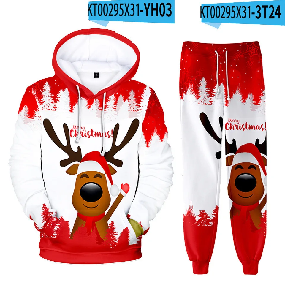 3D Print Hoodie Sets For Men Women Christmas Deer Santa Claus Tracksuit Pants 2Pcs Suits Oversized Kids Pullover Couple Clothing