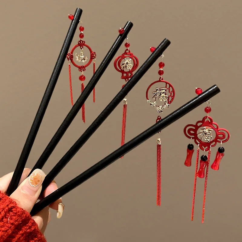 Retro Elegant Chinese Knot Wood Tassel Hairpin Women Girl Antique Hair Stick Hair Clip New Year Hanfu Hair Accessories Hair Pins