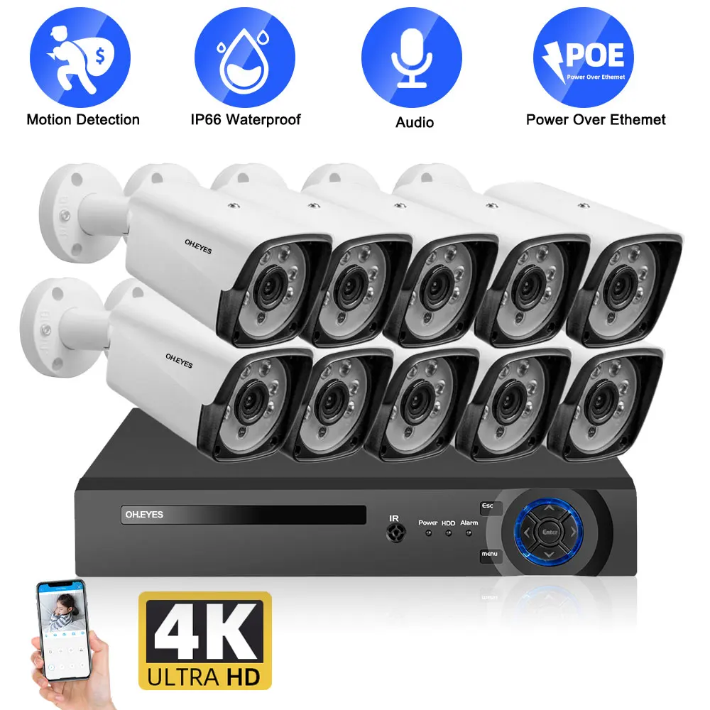 XMEYE 10CH NVR 4K POE Security Camera System Kit 8CH Audio Record CCTV Video Surveillance Set Outdoor Waterproof IP Camera Set