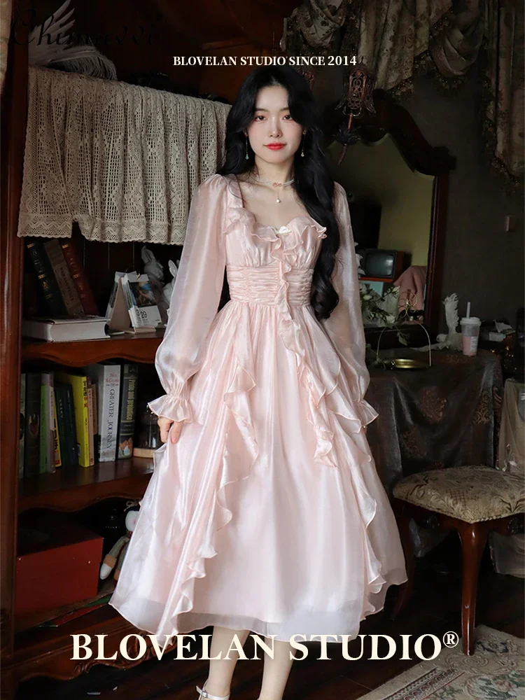 

French Style Gentle Fairy Lady Ruffles Ribbon Square Collar Flare Sleeve High Waist Slim Fit A-line Pink Dress for Women Summer