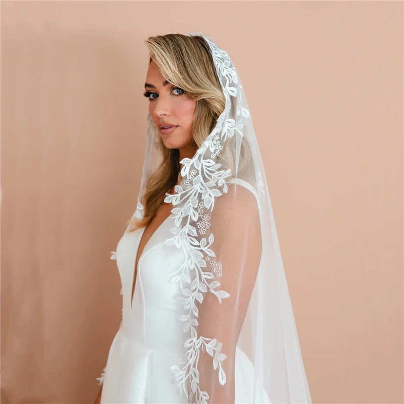Mantilla Wedding Veil Bridal Veils Cathedral Appliques Embroidered Soft Tulle Mantilla Lace Edge Accessories Brides Veu De Noiva