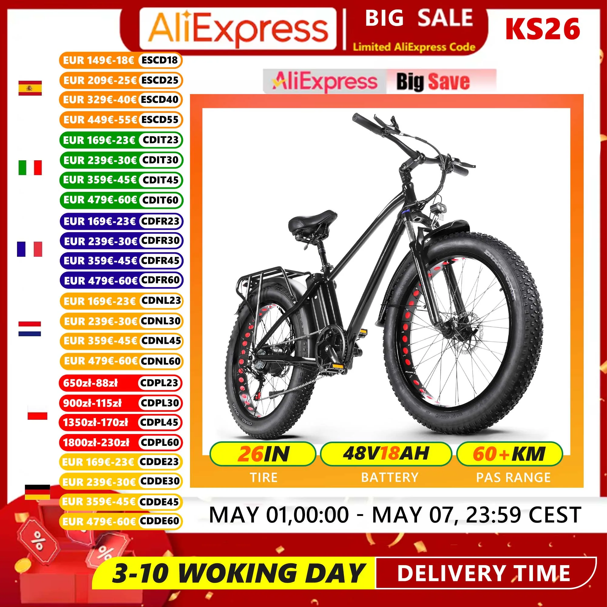 Vélo électrique CMACEWHEEL KS26 pour adultes, 48V 18AH, EBIKE PEAK 1000W, pneus larges, vélo de montagne électrique, 7 vitesses, E-Bike