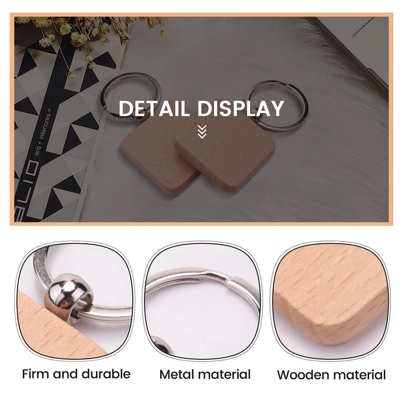 50Pcs DIY Blank Wooden Keychain Square Carved Key Ring Wooden Key Ring 40 X 40 Mm