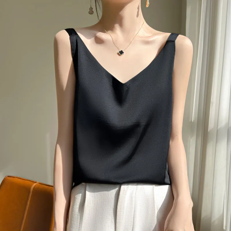 Summer Strap Top Women Halter V Neck Basic White Cami Sleeveless Satin Silk Tank Tops Women\'S Summer Camisole Slim Vest