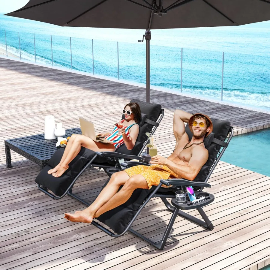 Zero Gravity Lounge-Stuhl-Set, 2-teilig, verstellbare, klappbare Outdoor-Lounge-Stühle mit Kissenauflage, Seitentablett, Schwarz