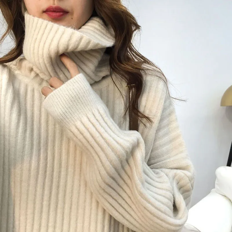 2023 Autumn and Winter Women\'s New High Neck Loose Knitted Sweater Thickened Solid Color Comfortable Versatile Pullover Top