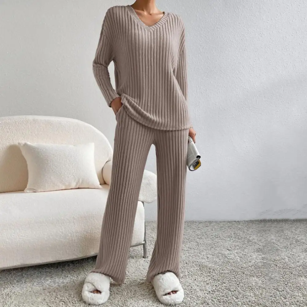 

Women Two-piece Set Cozy Knitted Women's Pajama Set with V Neck Top Wide Leg Trousers for Fall Winter Home Tracksuit Outfit