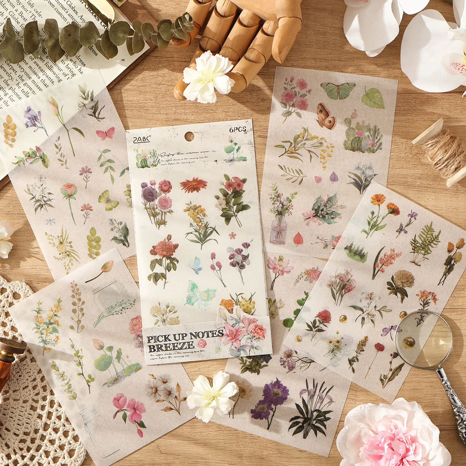 6-Piece Retro Flat Stickers, Vintage Patterns like Floral & Postal Stamps, Ideal for Journal & Card Decoration
