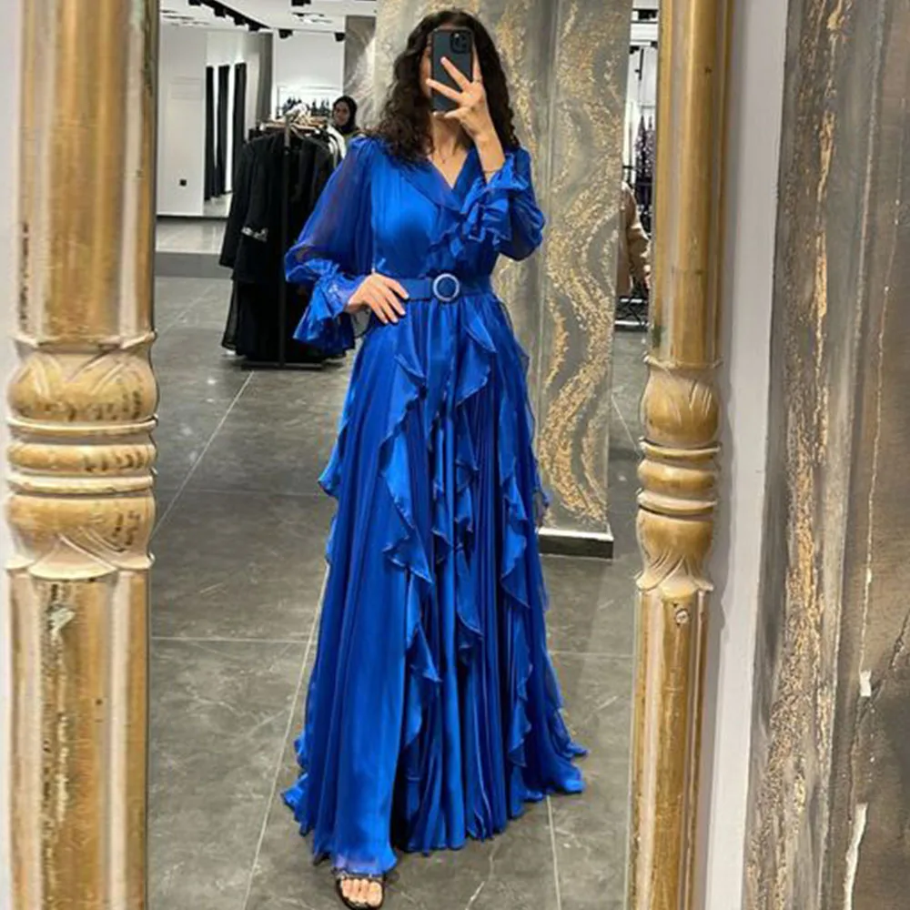 

Royal Blue A-Line Party Dresses Puffy Sleeve Floor Length With Belt Deep V Neck Chiffon Wedding Party Gowns 2023 فساتين الحفلات