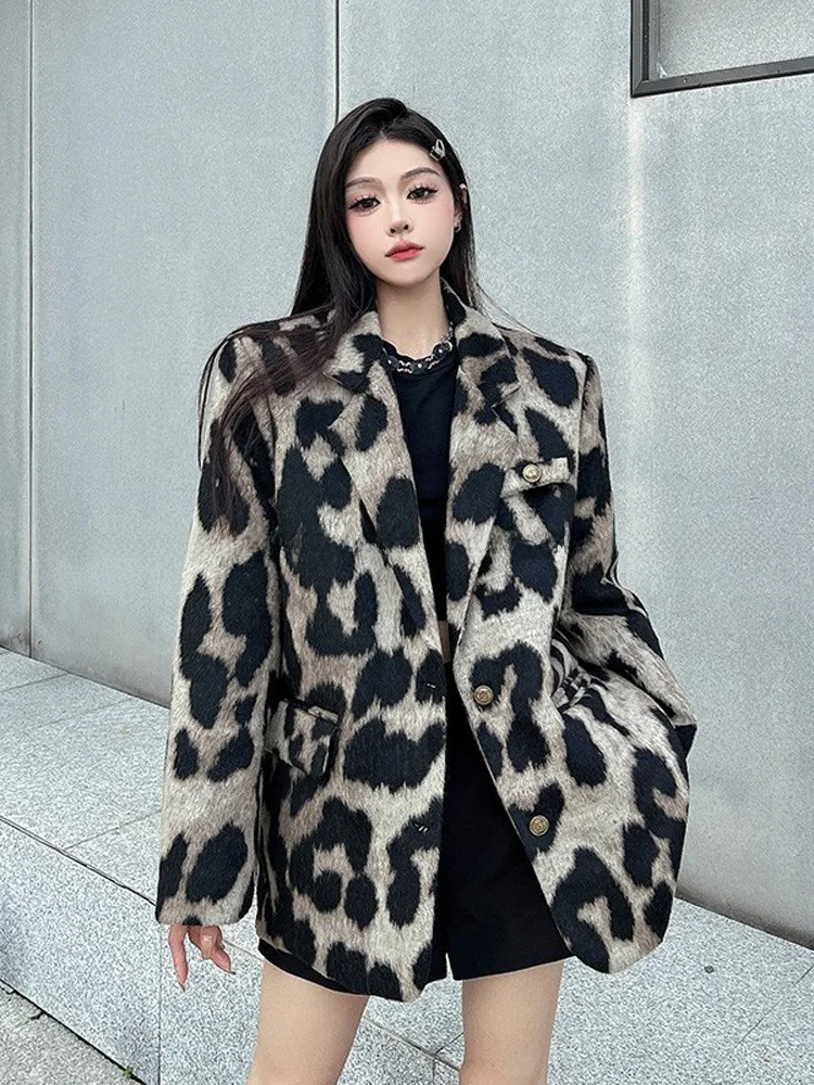 American Leopard Print Thiened Woolen Suit Jaet Women's Winter Loose Casual High-End Feeling Woolen  Top