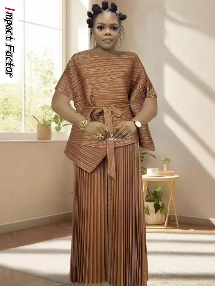 

Miyake Pleated Suit Women's Clothing Crew Neck Flared Sleeves Design Sense Temperament Pleated Top Wide Leg Pants Two-piece Set