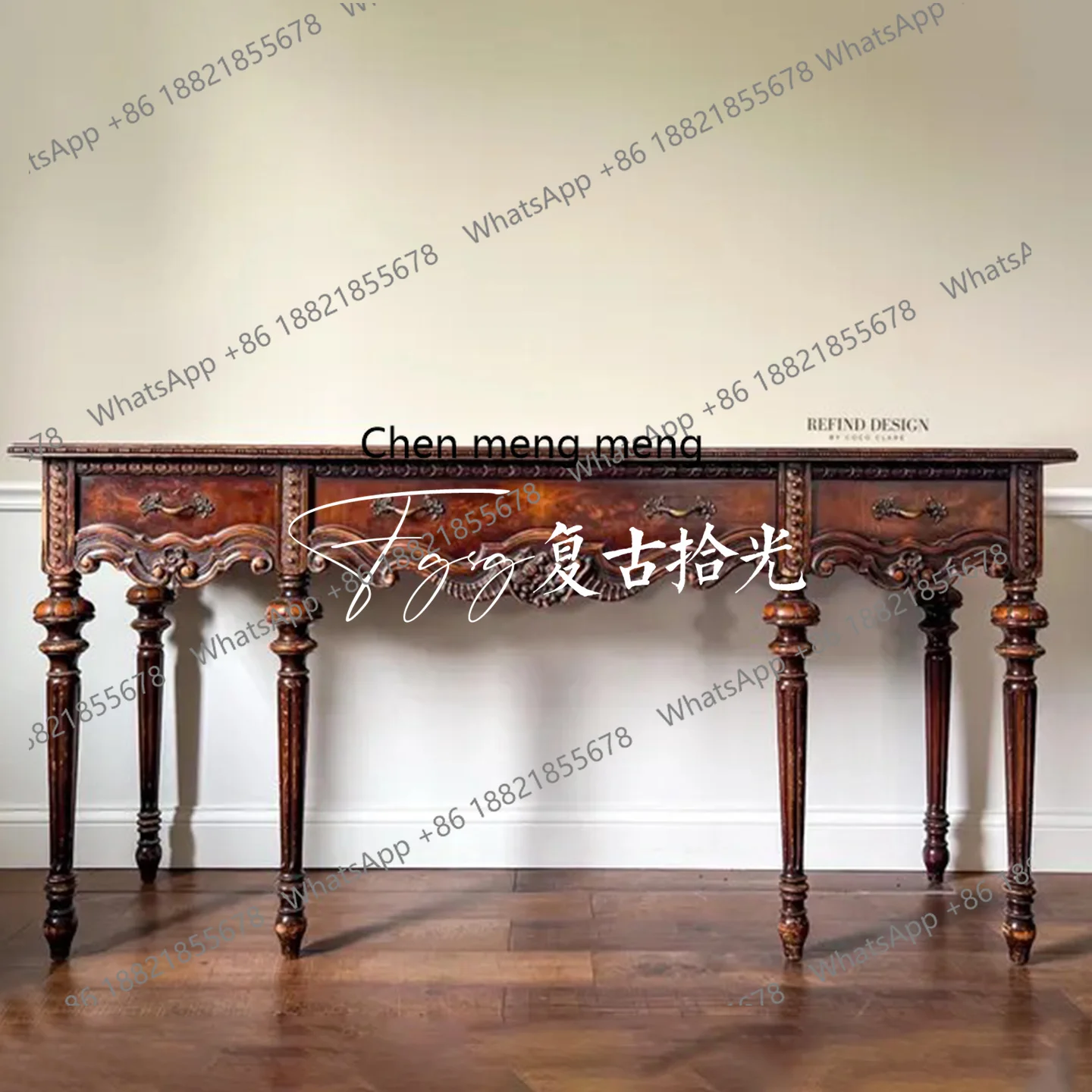 

French retro solid wood carving flower entrance cabinet living room decorative cabinet entrance table birch