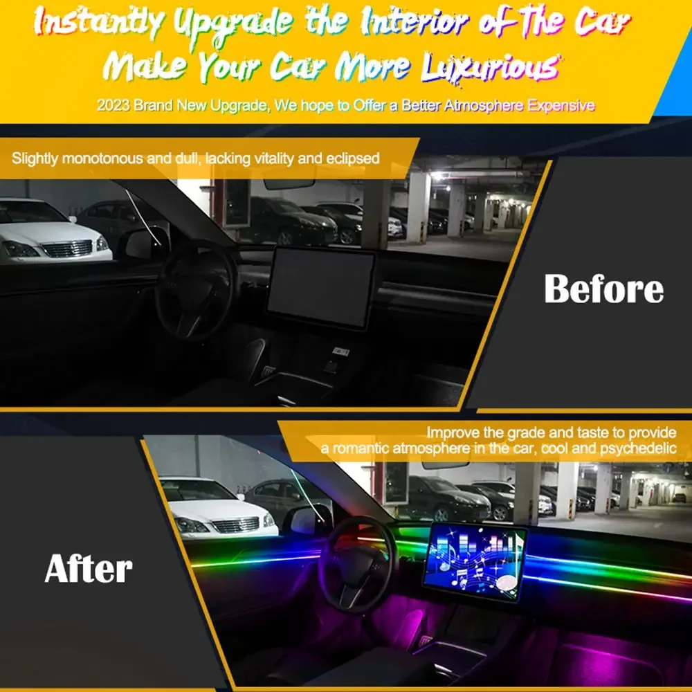 18 In 1 Full Color Streamer Car Ambient Lights RGB 64 Color Universal LED Interior Hidden Acrylic Strip Symphony Atmosphere Lamp