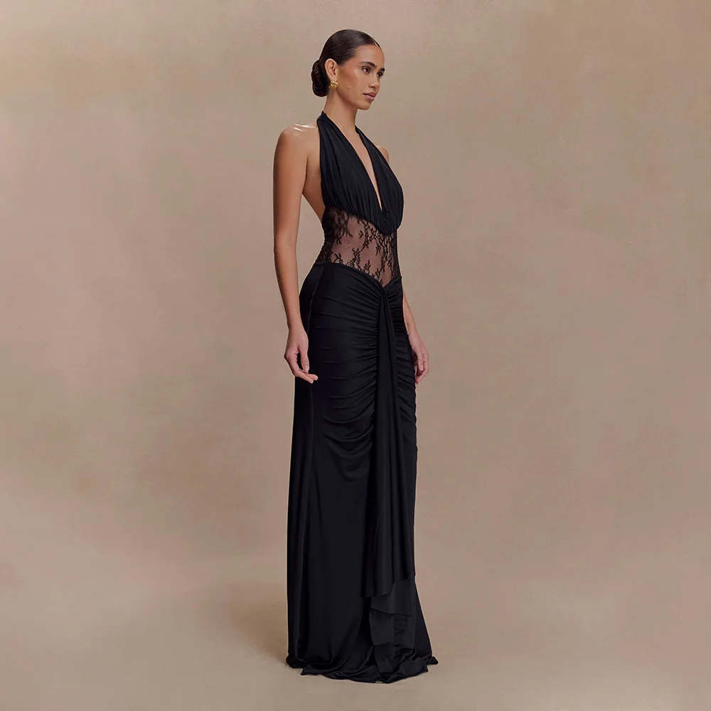 الدانتيل الزخرفية شبه منظور عارية الذراعين الخصر النحيف مثير تنورة طويلة بلون بسيط المتقدمة الخامس الرقبة شنقا الرقبة اللباس #4