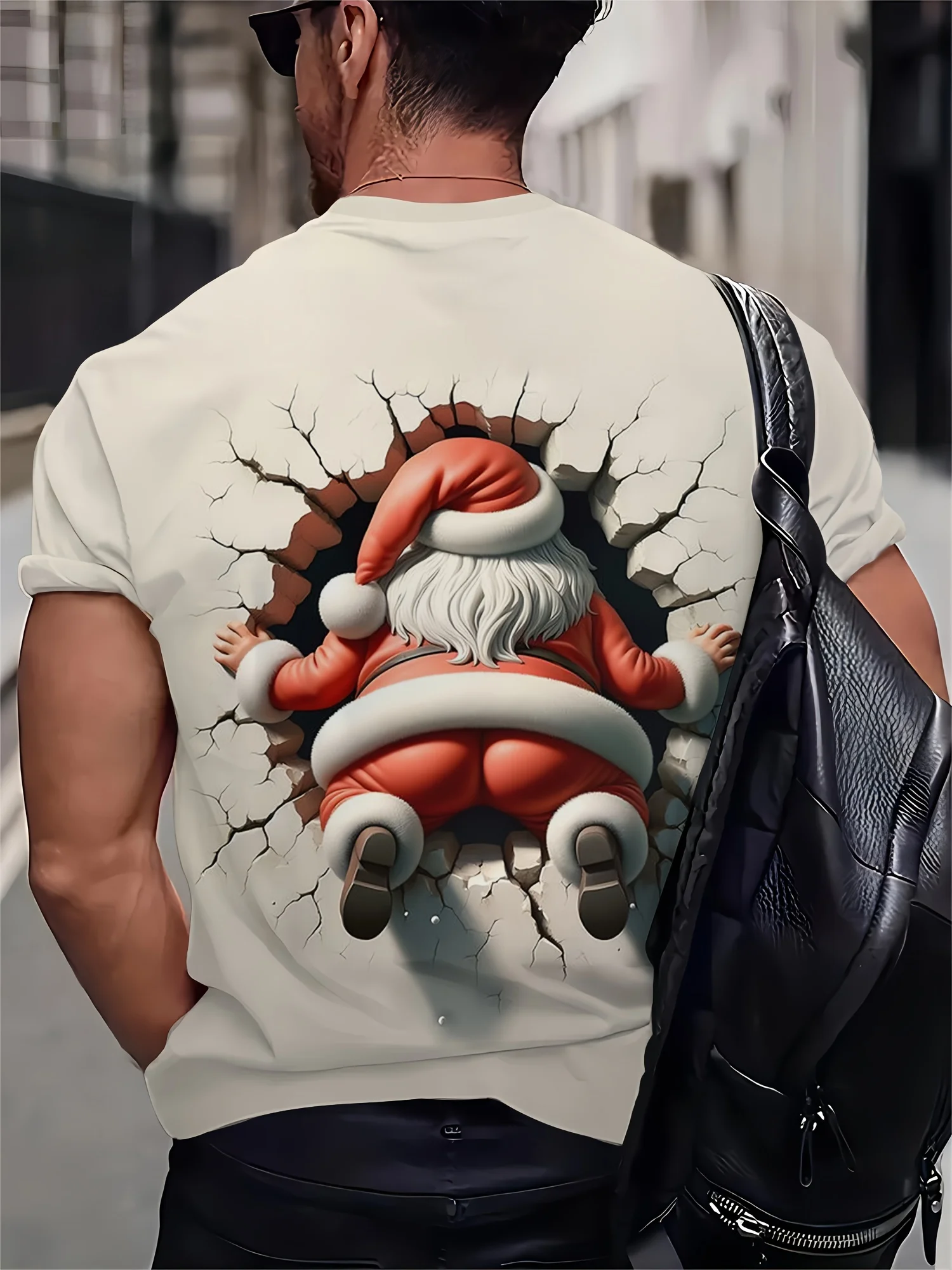 Men Short Sleeve T‑Shirt 3D Break‑Wall Santa Claus Christmas Crew Neck Holiday Casual Tops