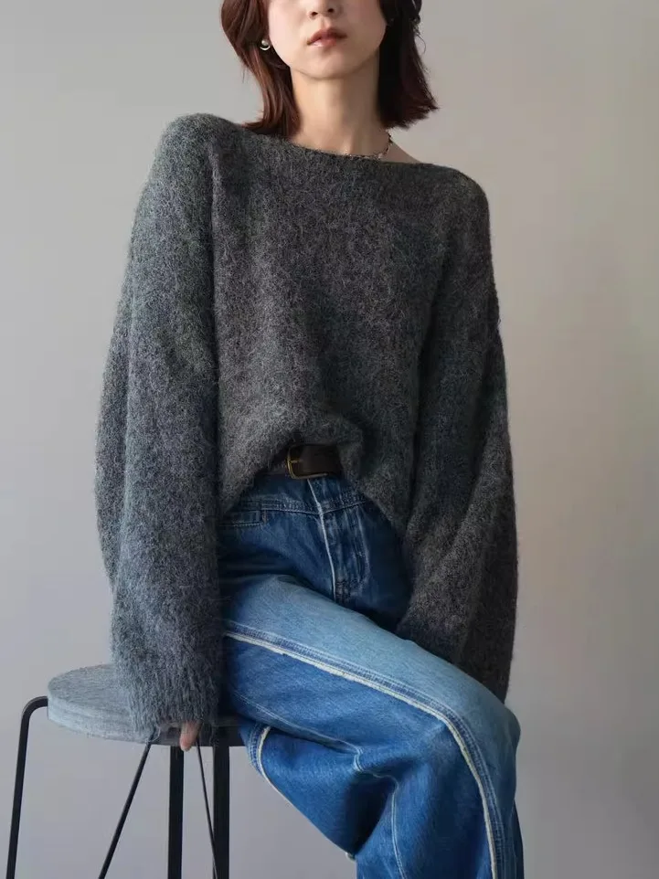 Sexy Hollow out Knitted Top Women's Loose Fashion Design Vintage Style Long Sleeve round Neck Pullover Breathable Polyester