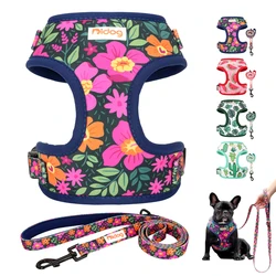 Adjustable Nylon Mesh French Bulldog Harness Leash Set Cute Printed Puppy Cat Harness Vest Leash For Small Medium Dogs Pug