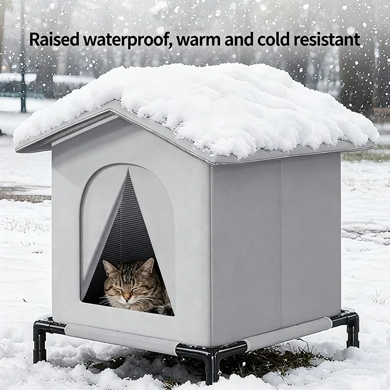 Wasserdichtes Katzenhaus für den Außenbereich, erhöhtes Design, isoliert für den Sommer, warm für den Winter, wetterfestes Tierhaus für wilde Katzen und Hunde im Freien – Detail 3