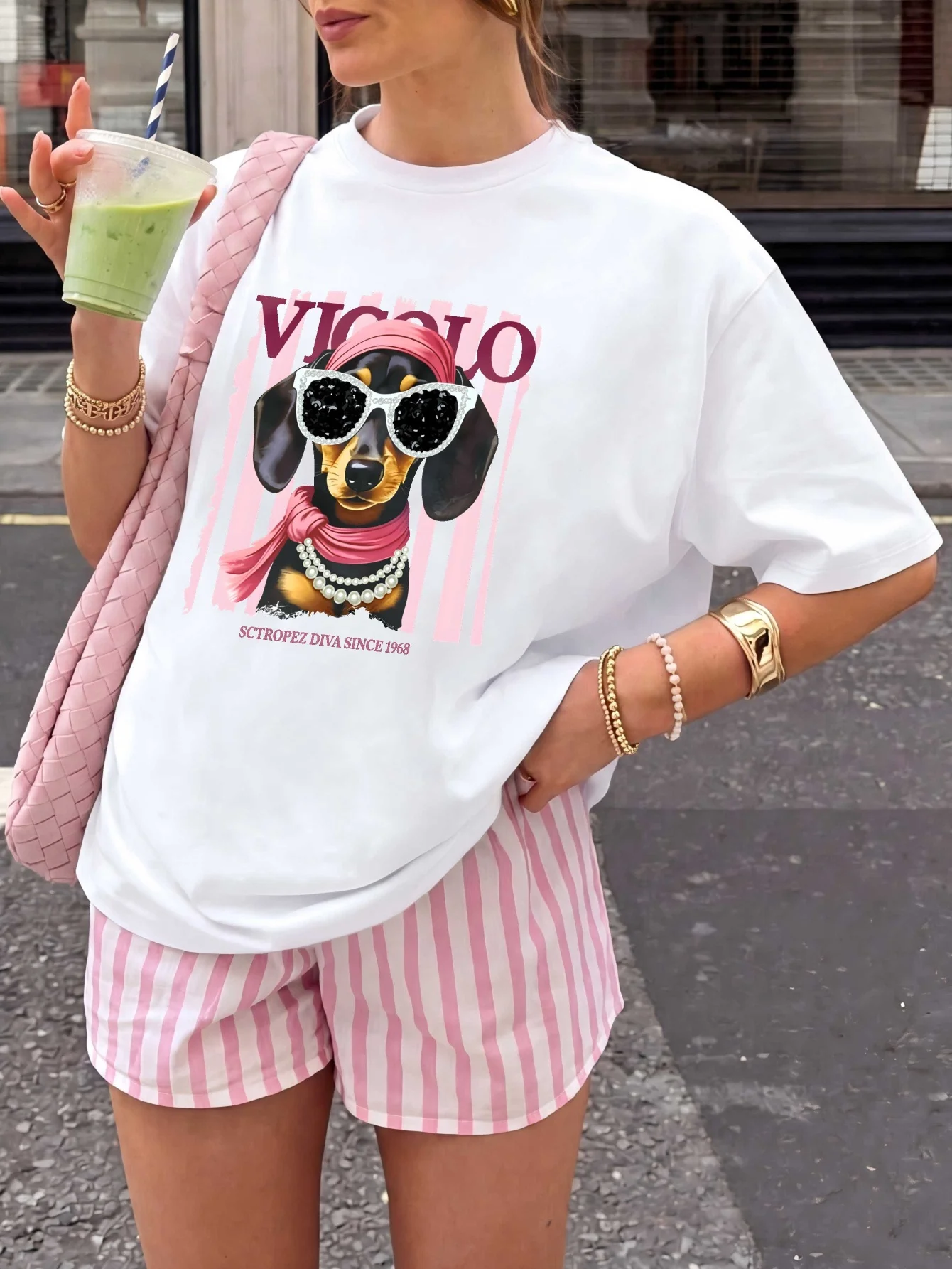 Summer women's suit, featuring a small dog print, breathable, sweat-absorbing, casual, fashionable, outdoor women's clothing