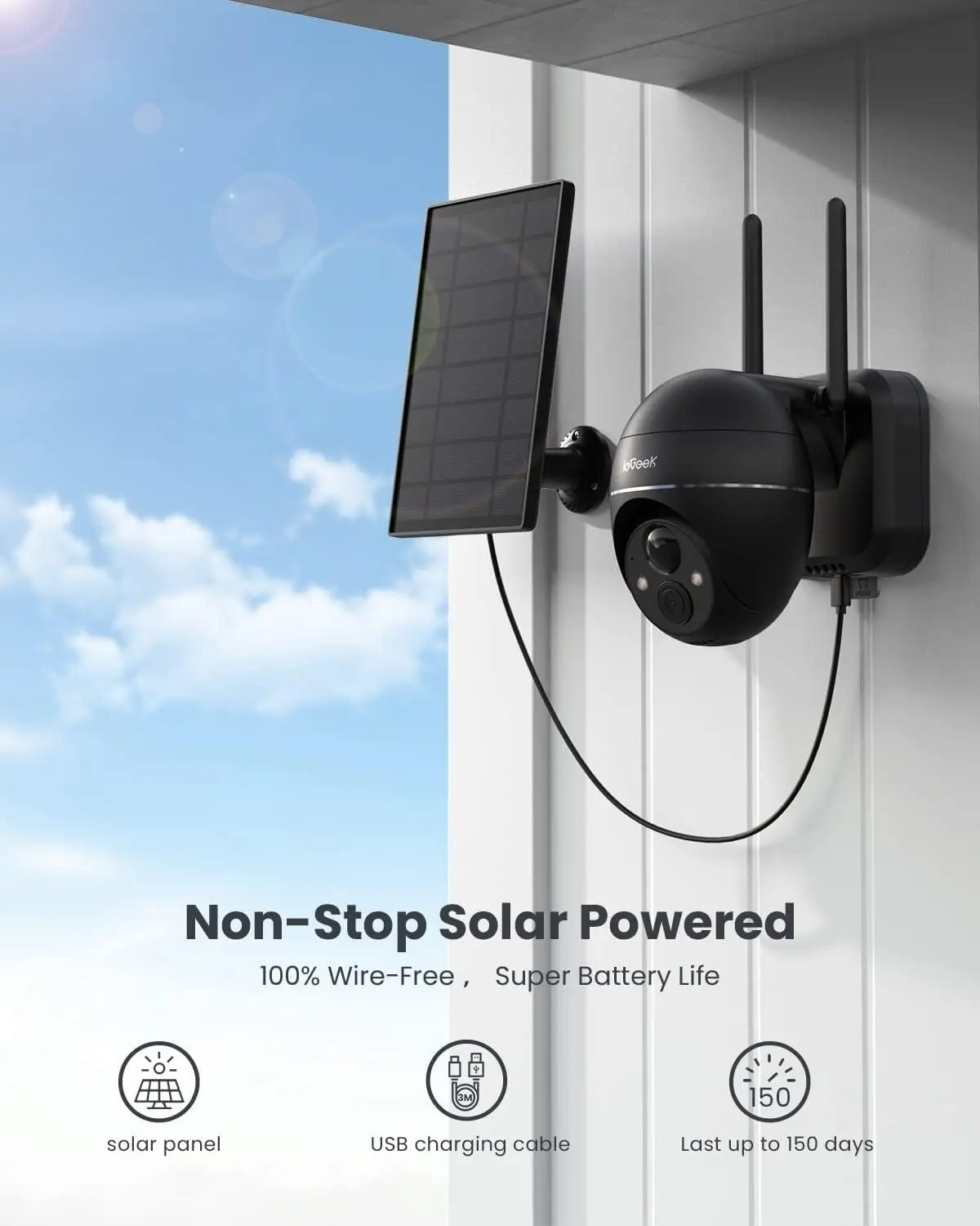 IeGeek Caméra Surveillance WiFi Extérieure Solaire 360° 2K - Détection Humaine PIR, Vision Nocturne Couleur, Sirène & Audio Bidirectionnel