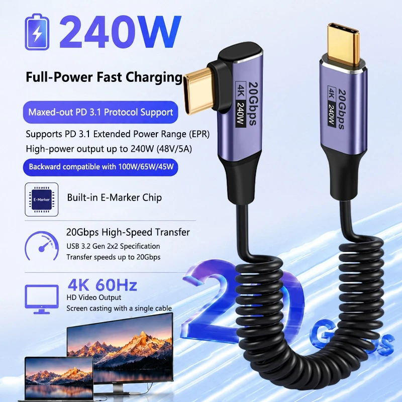 New Data Cable Spring Double Bend 240w Fast Charging Cable 20gbps High Speed Transmission 4k 60hz Stretching To 1.5 Meters