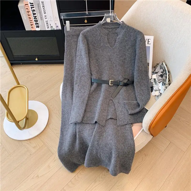 Lazy Style Sweater Set Skirt for Women\'s Autumn and Winter V-neck Pullover Knitted Sweater Top Half Skirt Fashion Two-piece Set