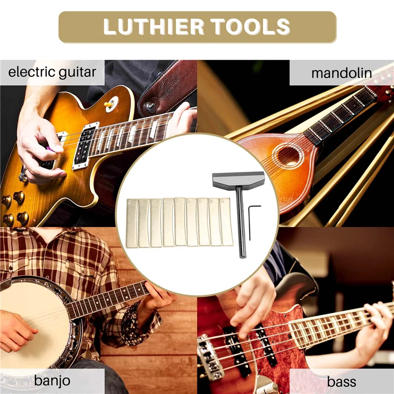 

AA75-Набор инструментов для гитары, бас-гитары, ладов, инструмент для прессования накладки на гриф + 9 шт., латунные вставки для радиальных ладов с шестигранным ключом