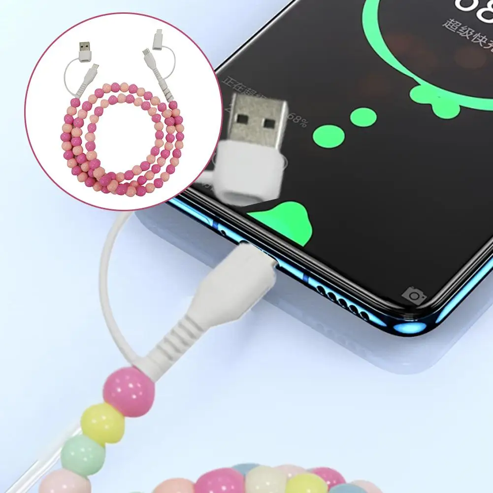 2-in-1 Beaded USB Charging Cable Fashion Pearl Colorful Bead Design Multi Phone Data Cord 1M Anti-Tangle PVC Wire