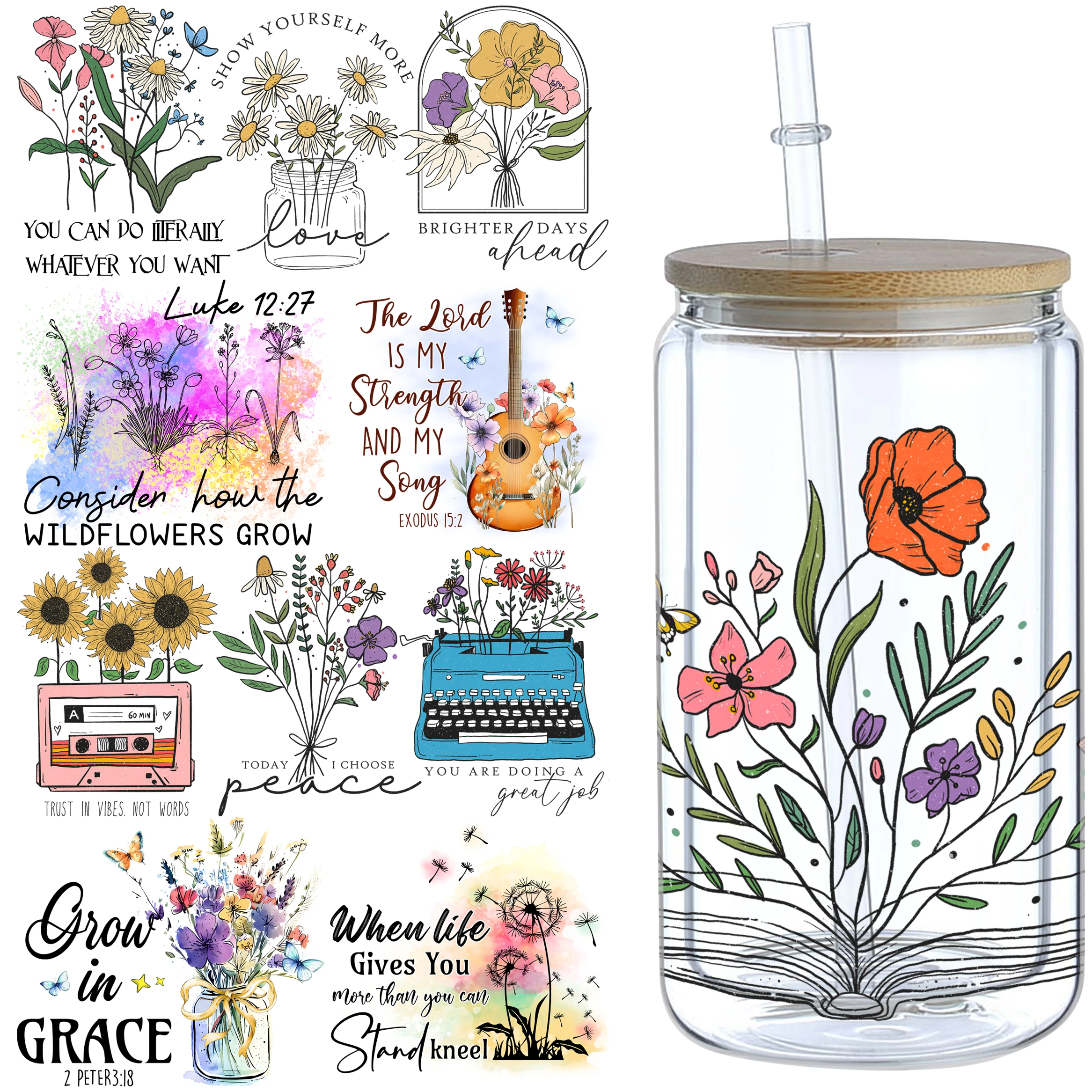 5 sheets of flower,UV grade waterproof scratch-resistant self-adhesive paper,3D crystal tagfor DIY mugs,water bottles,glass cups