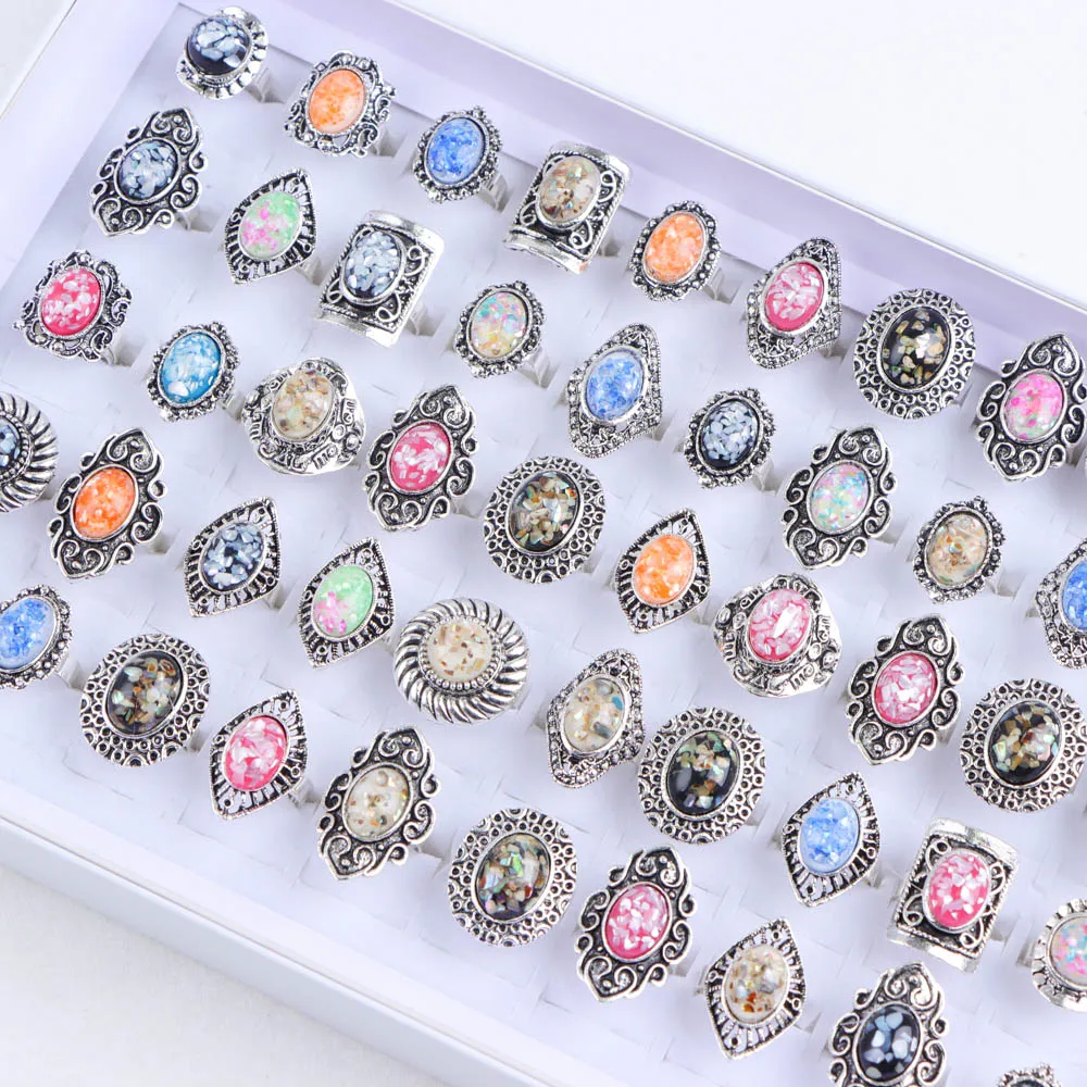 10/20/30/50Pcs/Lot Vintage Natural Stone Adjustable Rings For High-end Women Mix Style Fashion Party Jewelry Accessory Gifts