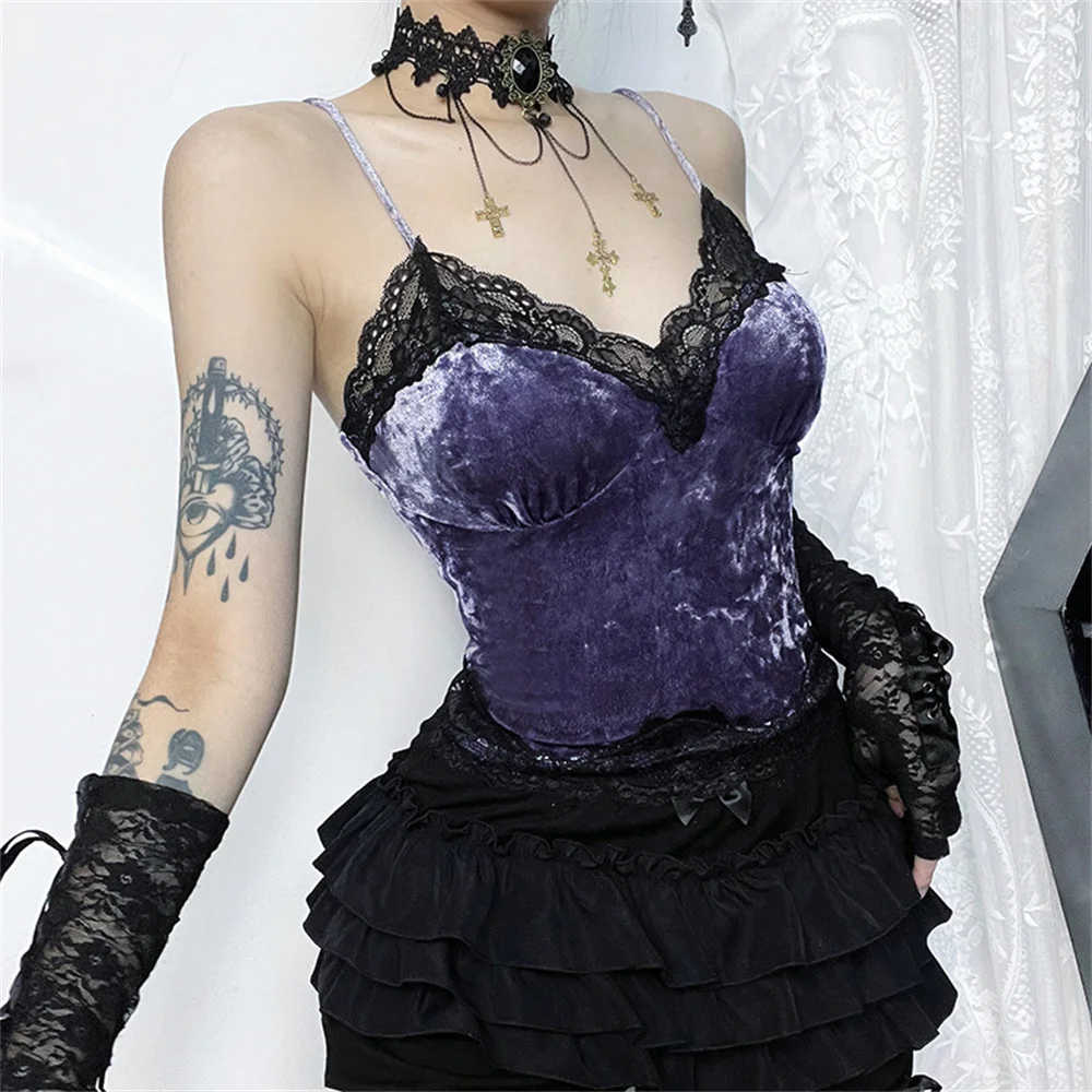 Gothic Purple Velvet Lace Trim Corset Crop Top Camisole Sexy Aesthetic Backless Spaghetti Strap Tank Top For Women Camis Vest