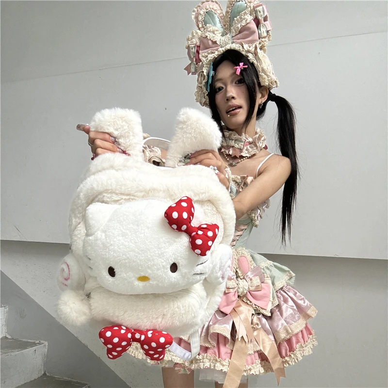 

Kawaii Hello kitty Sanrio Plush Backpack Cute Kitty Niche Fall/Winter Bow Backpack School Bag Gift For Girls Women Kids Mochilas