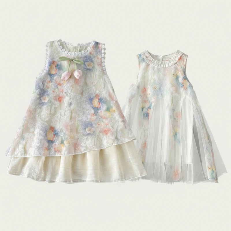 Summer Toddler Girl Floral Dress Sleeveless Ruffle Tulle Princess Party Wedding Dress Kid Clothes Aesthetic Fairycore Art Outfit