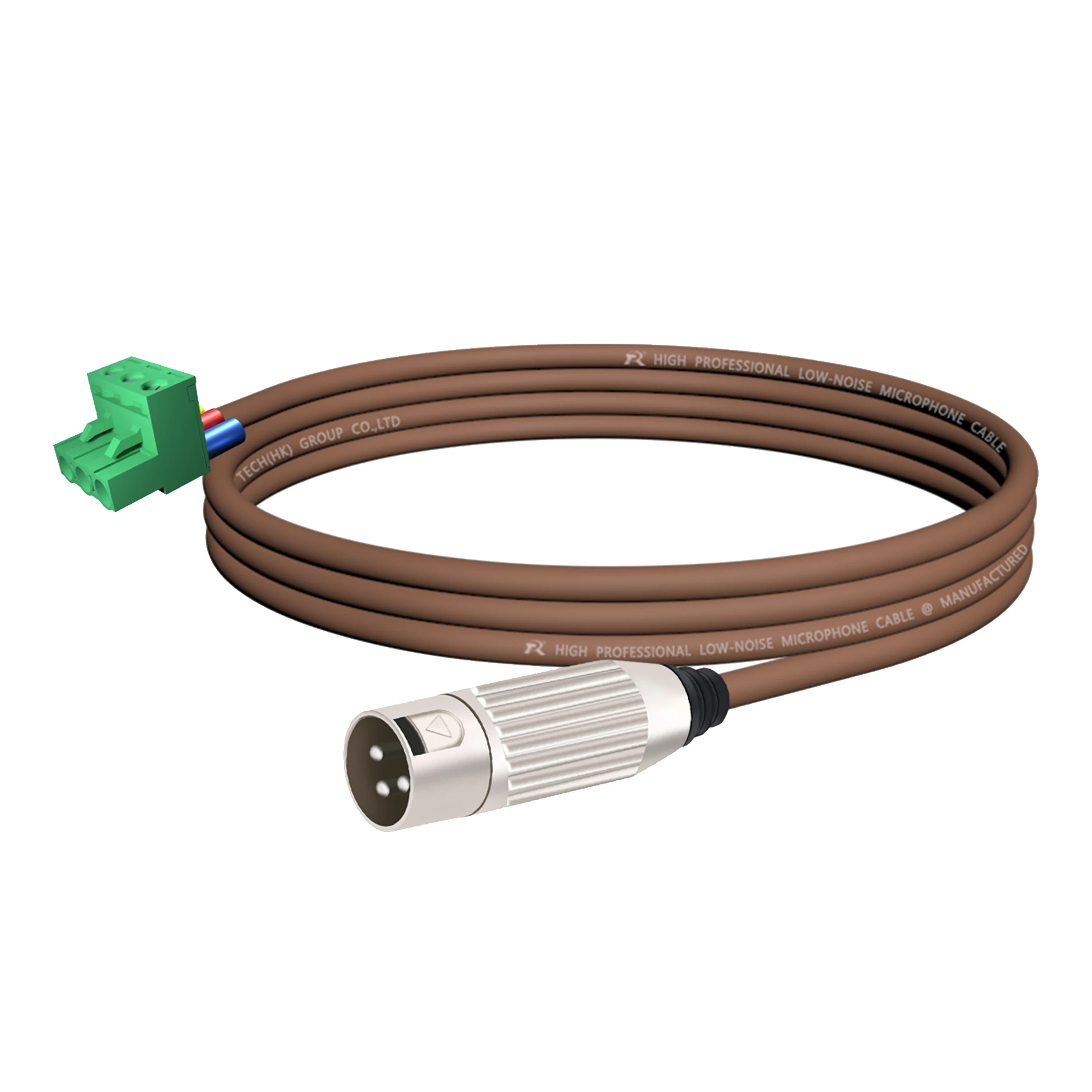 3-poliger Phoenix-Stecker, verbunden mit einem versilberten XLR 3-poligen Stecker, farbcodiertes Kabel, geeignet für professionelle Audiogeräte. – Detail 3