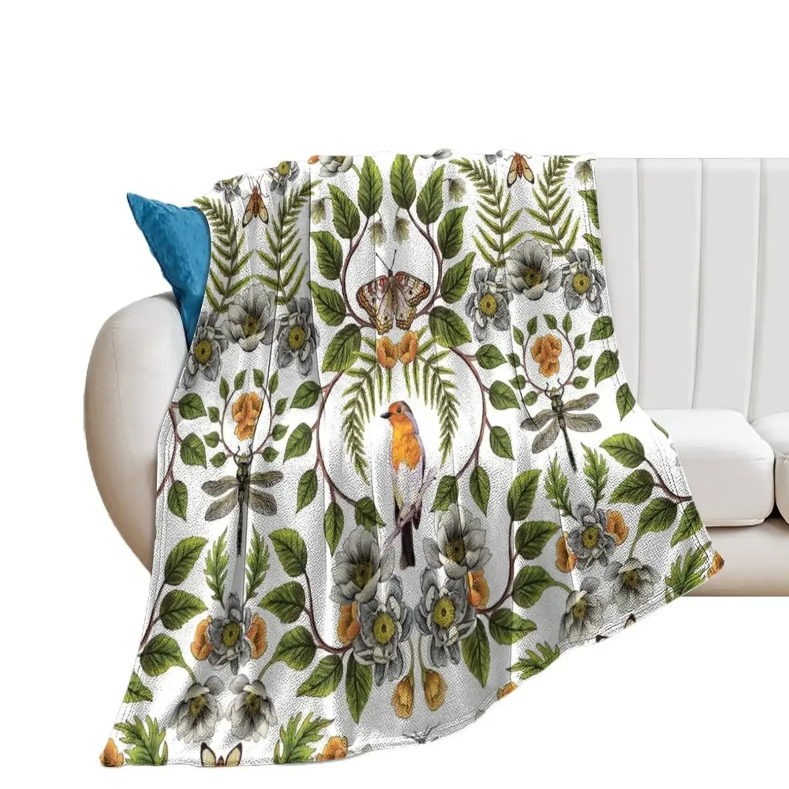 

Spring Reflection - Floral/Botanical Pattern w/ Birds, Moths, Dragonflies & Flowers Throw Blanket Decoratives anime Blankets