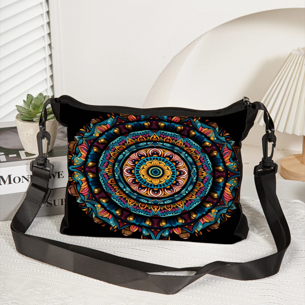 1pc Mandala Print Crossbody Bag Black Colorful Floral Pattern And Text Shoulder Bags For Women Travel Shopping Daily Use Pouch